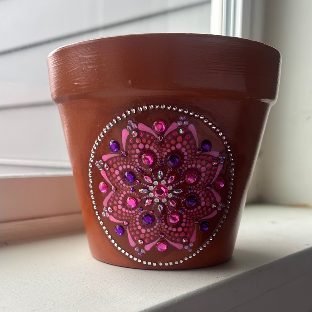 Hand Painted terracota Mandala Flowerpot 5” Diameter 4.75” Height.